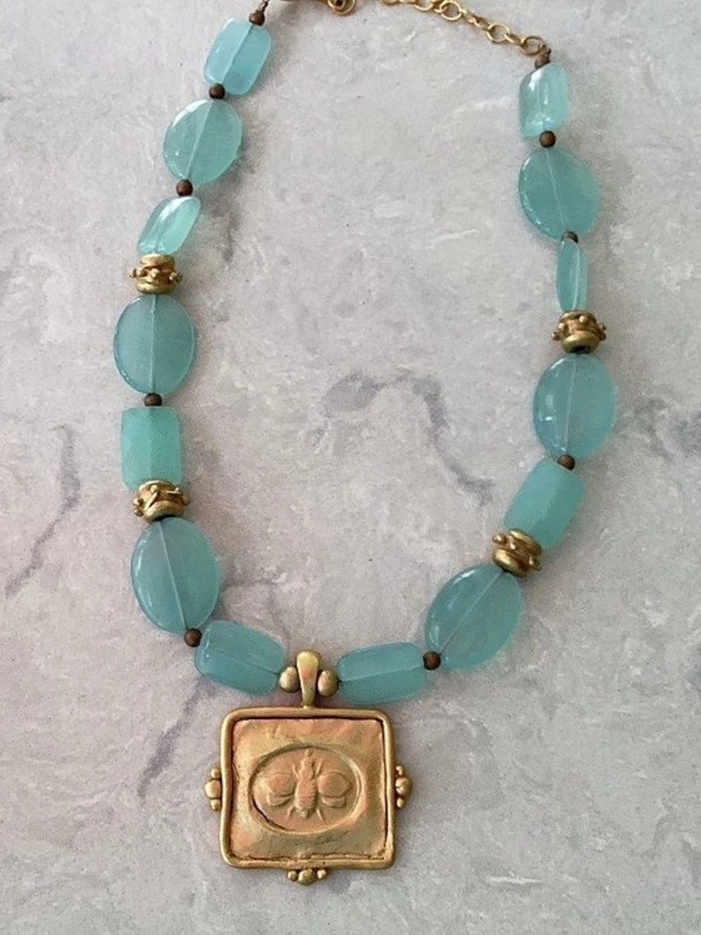 SUSAN SHAW Aqua quartz Beaded Necklace w/ Gold Bee Intaglio
